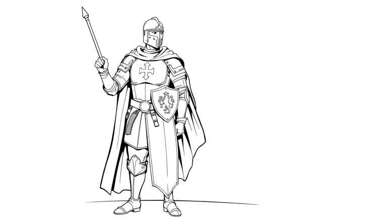 Chevalier en armure dessiné dans un style de bande dessinée, tenant une lance.