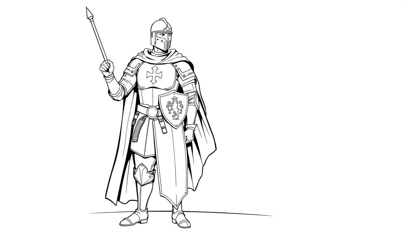 Chevalier en armure dessiné dans un style de bande dessinée, tenant une lance.