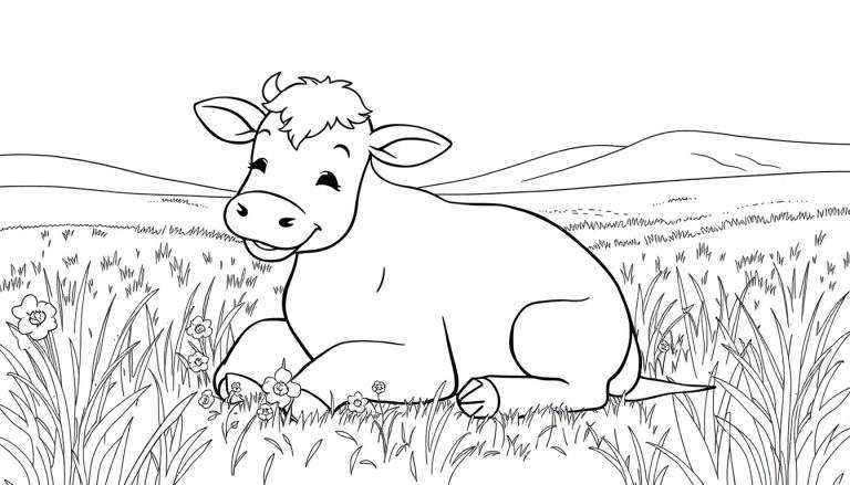 Un veau souriant dans un champ, prêt pour une page de coloriage.