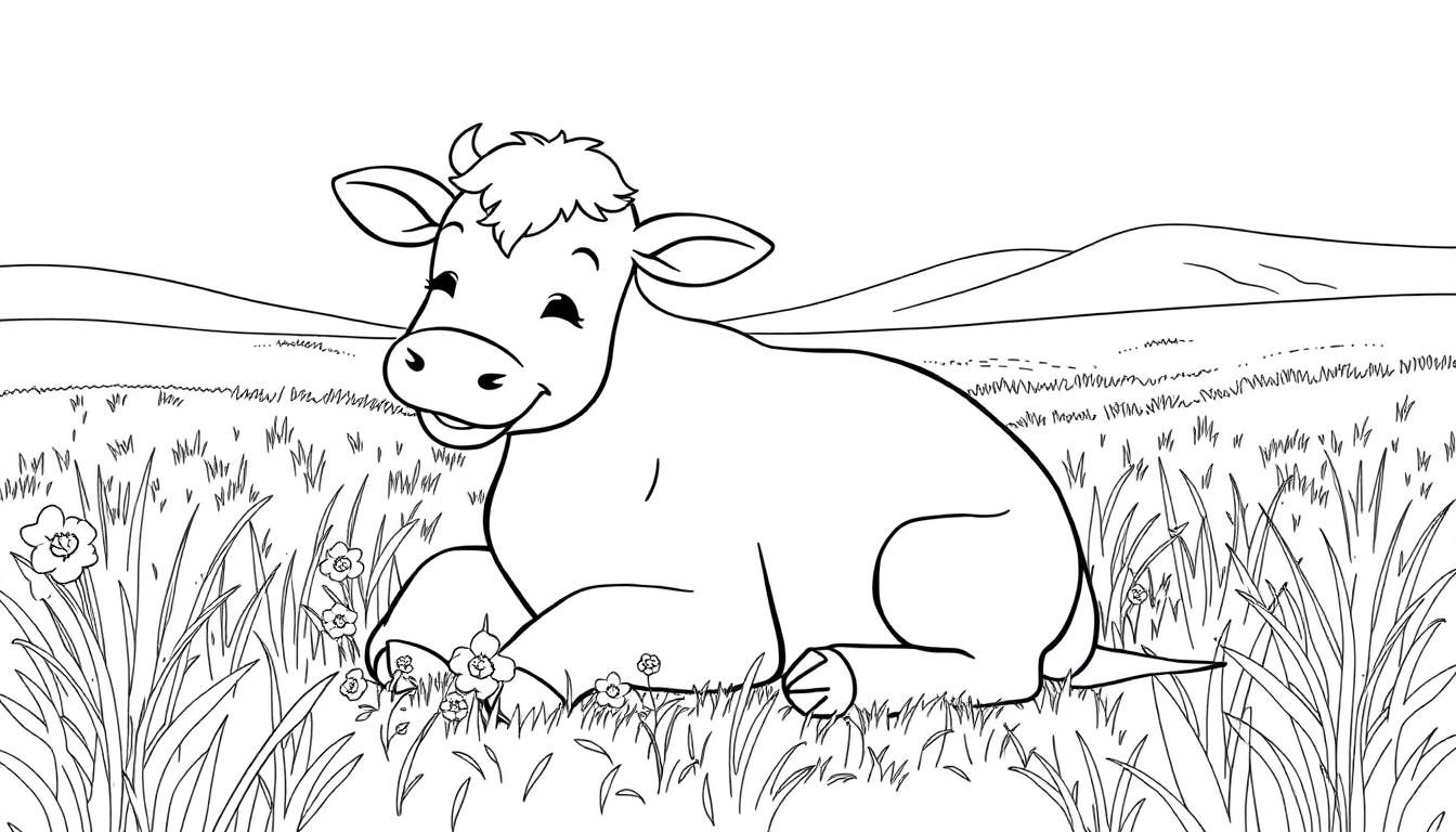 Un veau souriant dans un champ, prêt pour une page de coloriage.