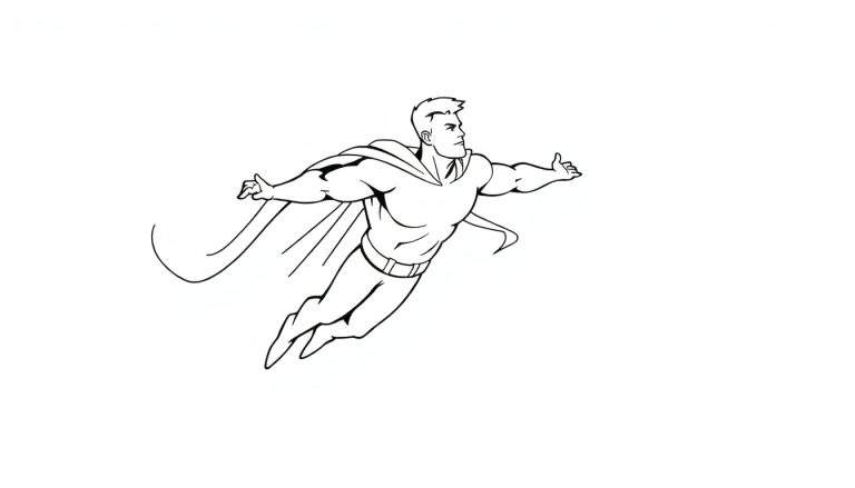 Super-héros volant, color panel en noir et blanc