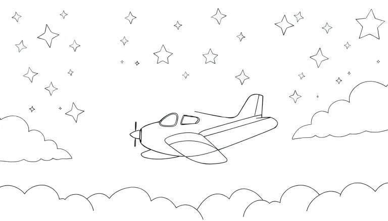 Un avion de dessin au trait avec une hélice vole dans un ciel étoilé avec des nuages, un design color panel.
