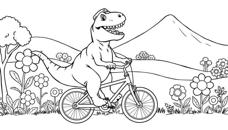 Un Tyrannosaure Rex portant un casque fait du vélo dans un paysage fleuri.