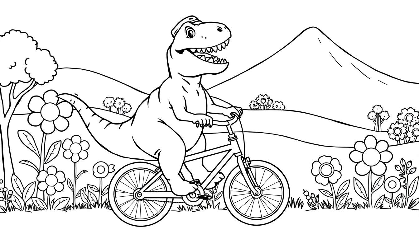 Un Tyrannosaure Rex portant un casque fait du vélo dans un paysage fleuri.