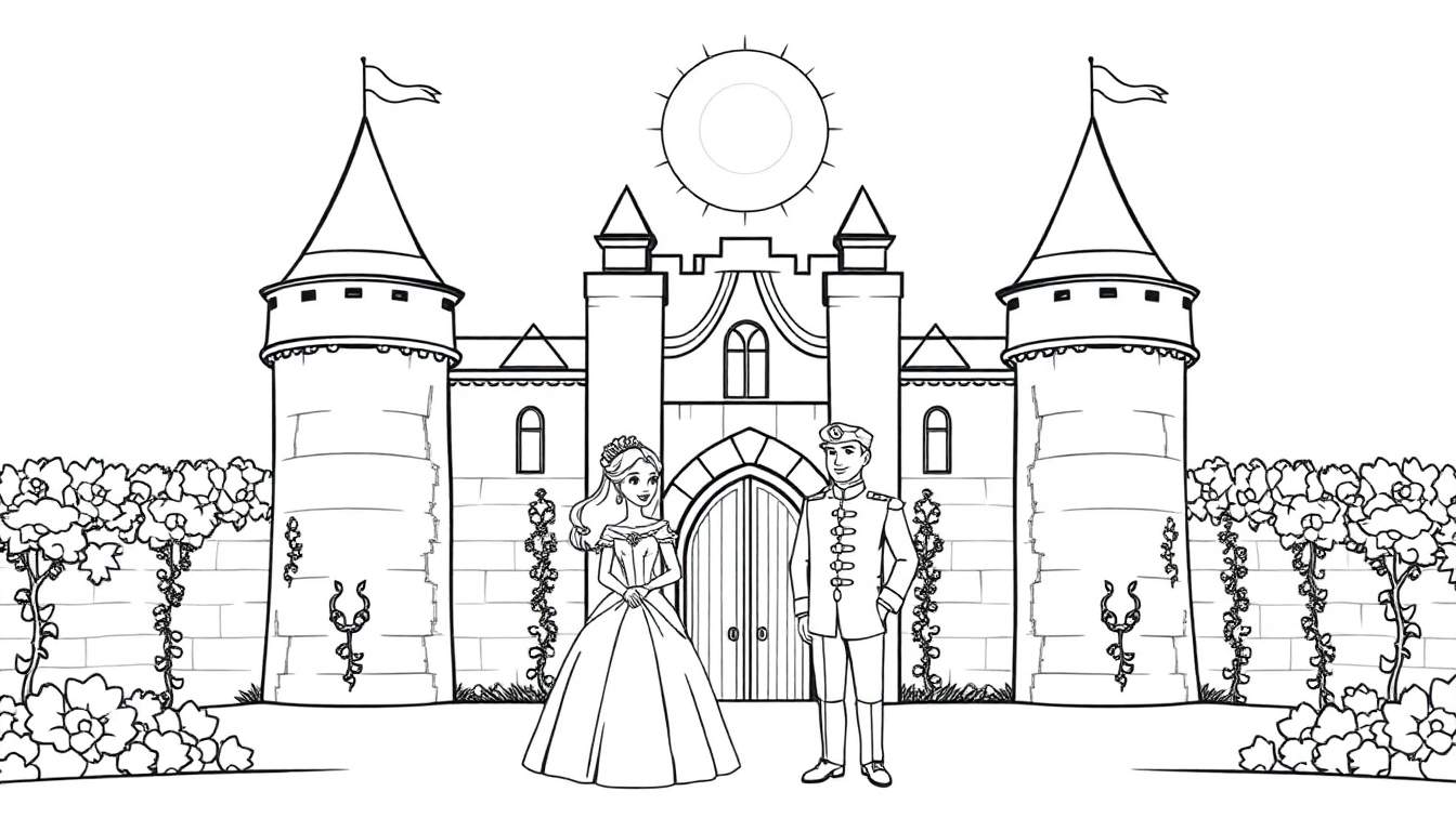 Dessin au trait d'un couple royal devant un château avec des drapeaux et un soleil. Style livre de coloriage pour enfants.