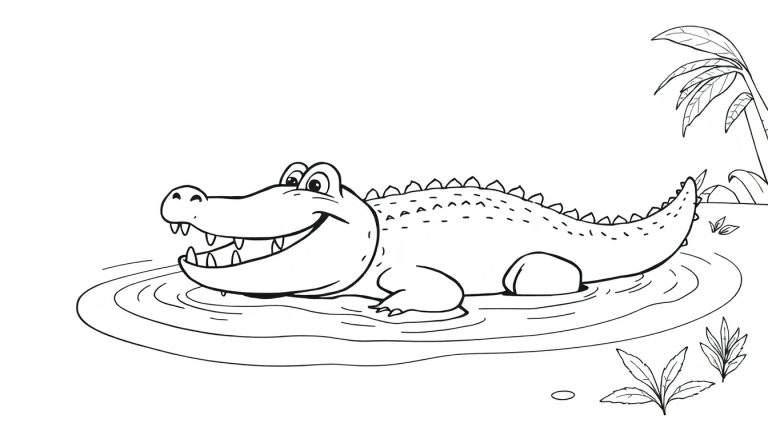 Un dessin simple d'un crocodile souriant dans l'eau, entouré de plantes.