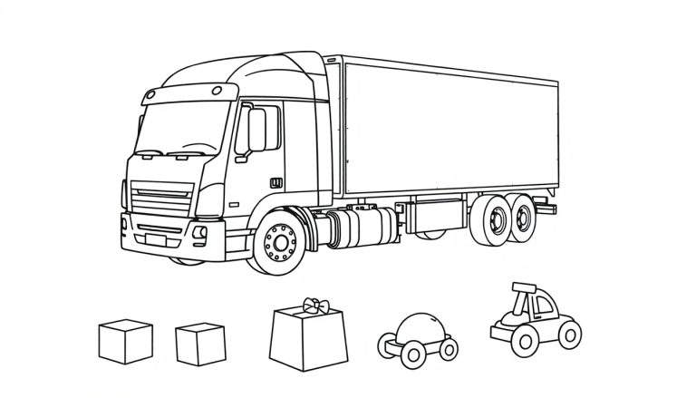 Un camion de marchandises dessiné au trait, avec deux cubes, un paquet cadeau et deux voitures jouets.