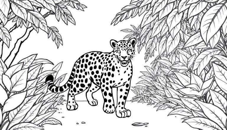 Un dessin au trait noir et blanc d'un jaguar souriant dans une jungle luxuriante, avec des feuilles et des arbustes détaillés.