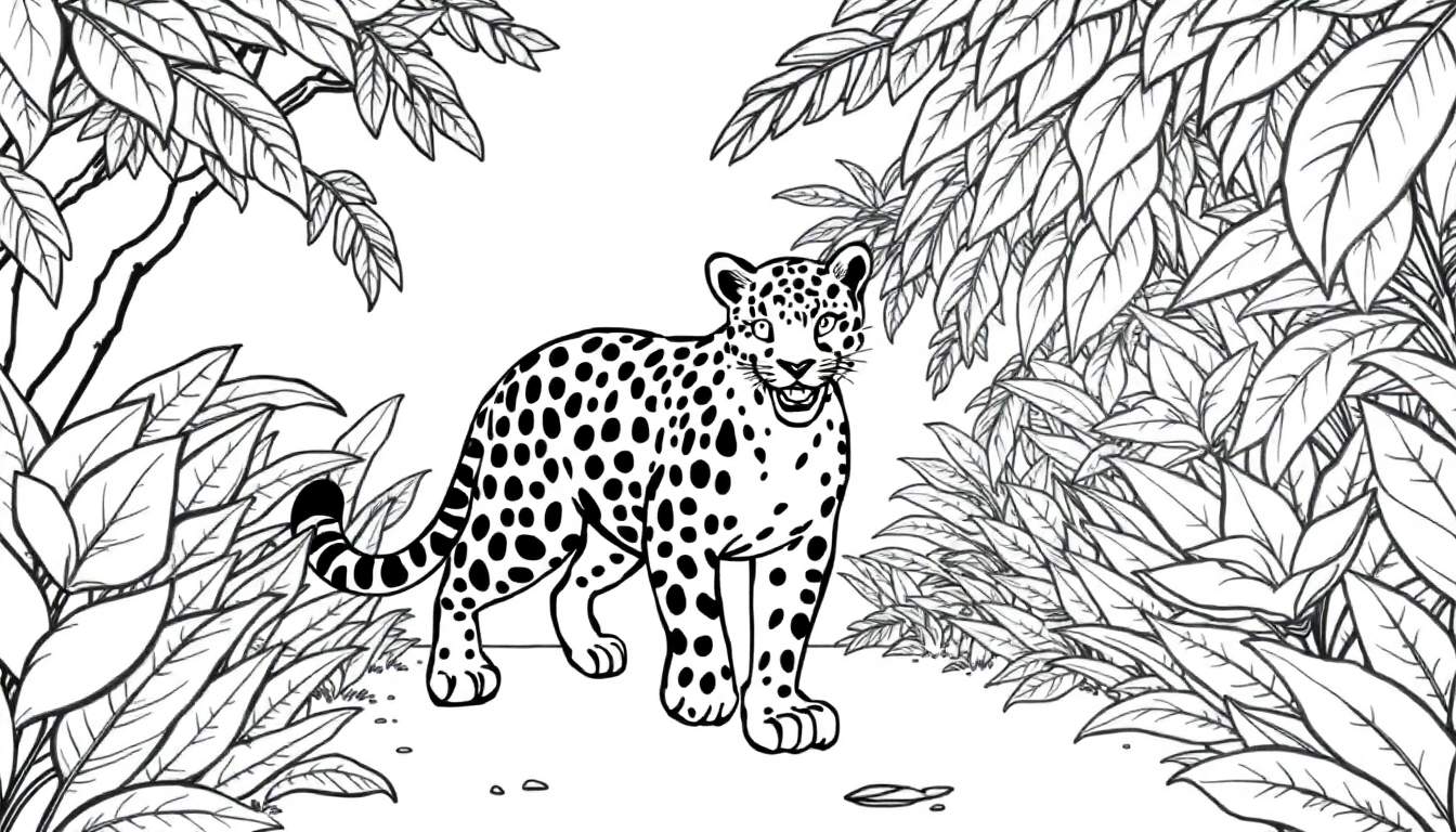 Un dessin au trait noir et blanc d'un jaguar souriant dans une jungle luxuriante, avec des feuilles et des arbustes détaillés.