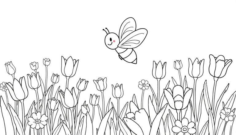 Une abeille joyeuse aux couleurs vives vole au-dessus d'un tableau de fleurs colorées, un jardin rempli de tulipes et de marguerites.