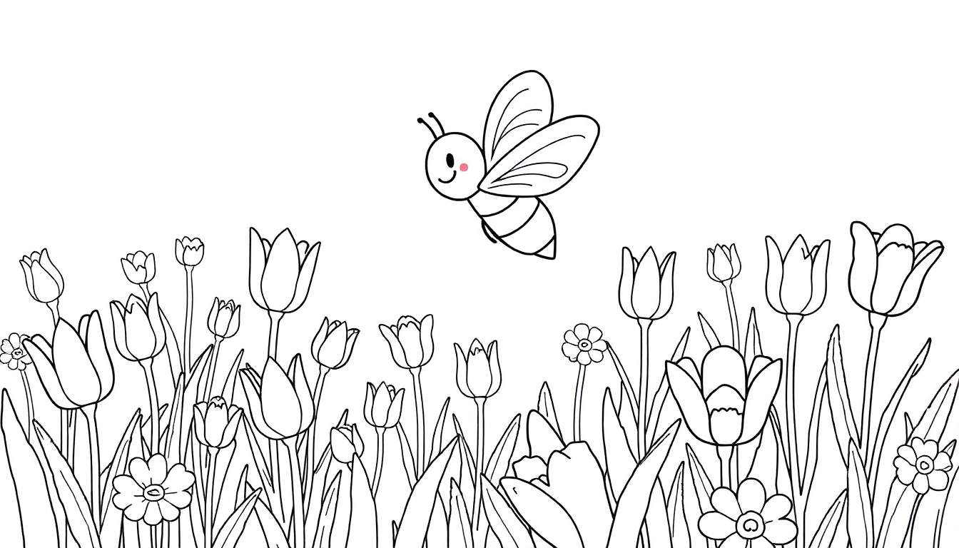 Une abeille joyeuse aux couleurs vives vole au-dessus d'un tableau de fleurs colorées, un jardin rempli de tulipes et de marguerites.