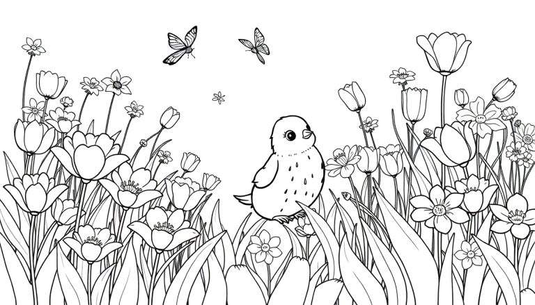 Un dessin au trait noir et blanc d'un oiseau rond avec des taches sur la poitrine, perché dans des herbes hautes avec des tulipes, des marguerites et des papillons dans un color panel de printemps.