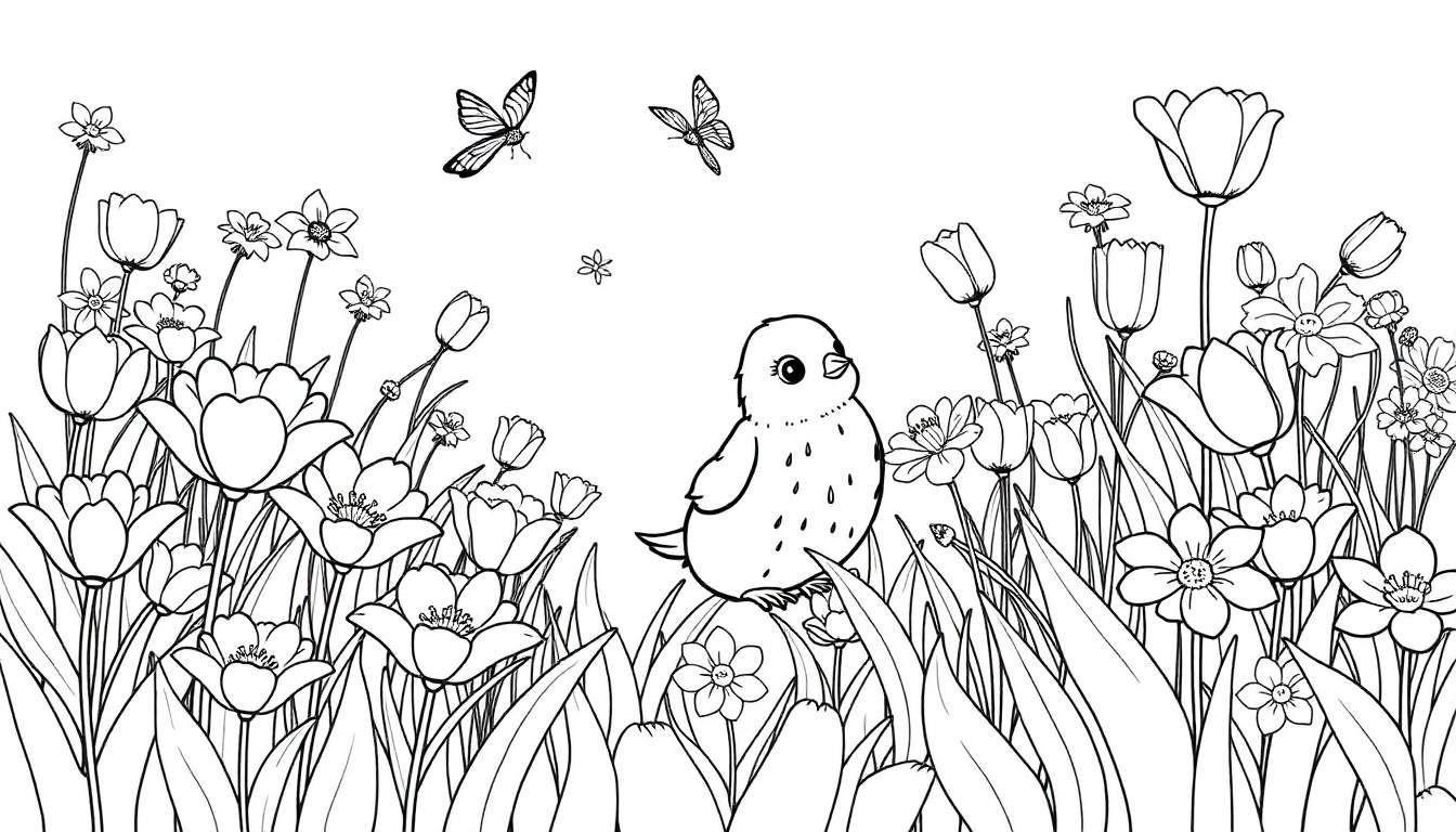 Un dessin au trait noir et blanc d'un oiseau rond avec des taches sur la poitrine, perché dans des herbes hautes avec des tulipes, des marguerites et des papillons dans un color panel de printemps.