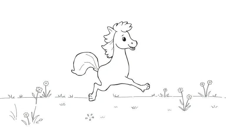 Un dessin au trait d'un cheval mignon et caricatural galopant joyeusement dans un champ herbeux.