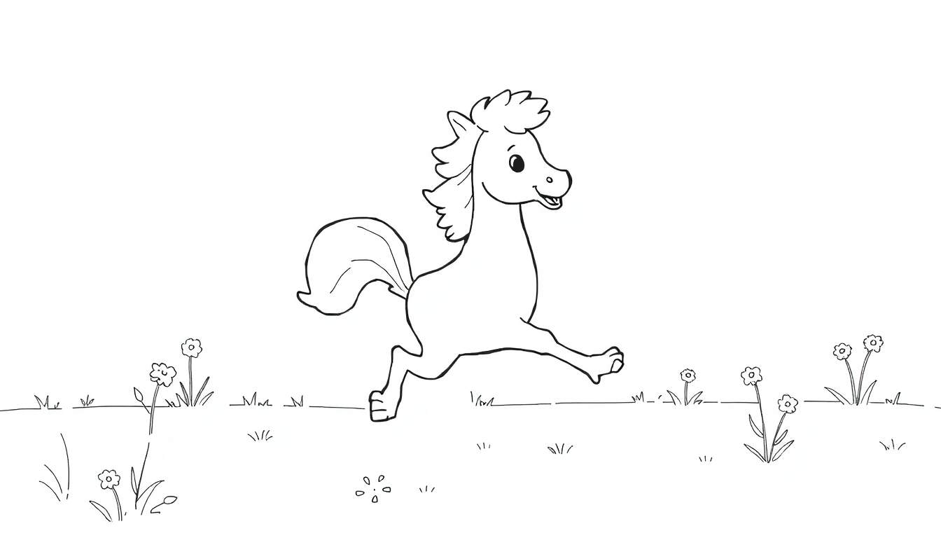 Un dessin au trait d'un cheval mignon et caricatural galopant joyeusement dans un champ herbeux.