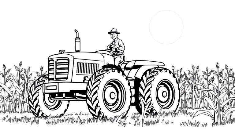 Un dessin au trait d'un tracteur rouge dans un champ de maïs avec un fermier souriant. Un color panel pour le coloriage.