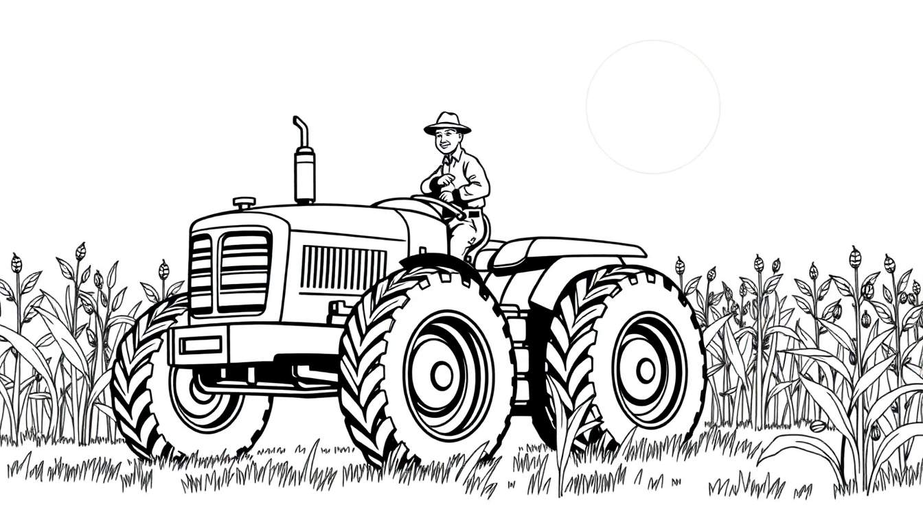 Un dessin au trait d'un tracteur rouge dans un champ de maïs avec un fermier souriant. Un color panel pour le coloriage.