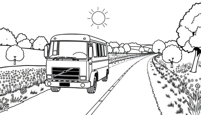 Dessin au trait d'un bus Volvo sur une route de campagne ensoleillée, avec des arbres et des fleurs.