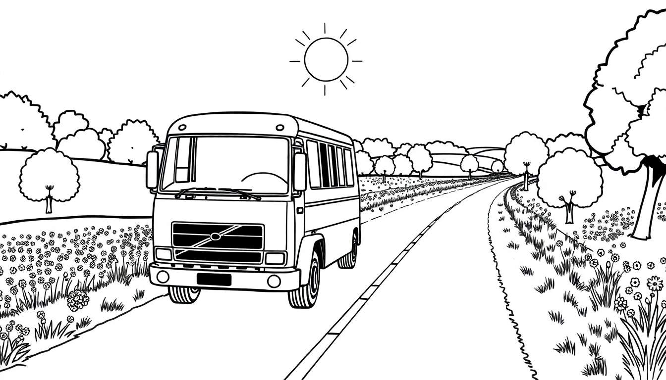 Dessin au trait d'un bus Volvo sur une route de campagne ensoleillée, avec des arbres et des fleurs.