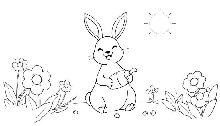 Illustration en noir et blanc d'un lapin heureux dans un jardin printanier, tenant un œuf, avec des fleurs et un soleil stylisé, parfait pour un color panel.