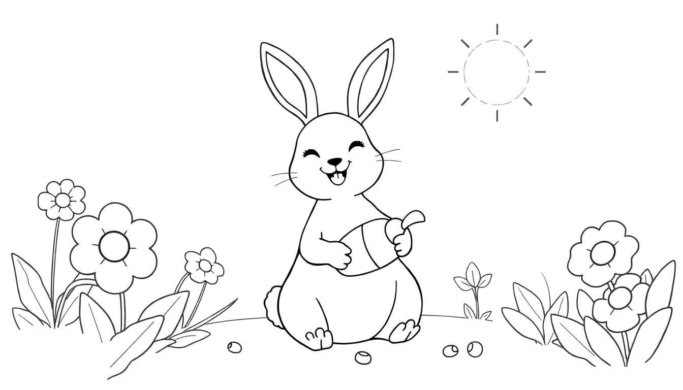 Illustration en noir et blanc d'un lapin heureux dans un jardin printanier, tenant un œuf, avec des fleurs et un soleil stylisé, parfait pour un color panel.