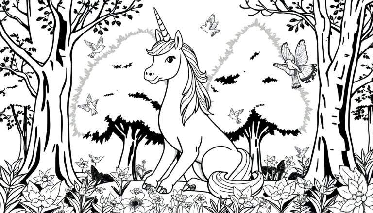 Licorne assise dans une prairie avec des oiseaux et une forêt dense en arrière-plan, conçue comme un color panel.