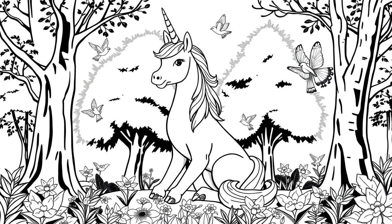 Licorne assise dans une prairie avec des oiseaux et une forêt dense en arrière-plan, conçue comme un color panel.