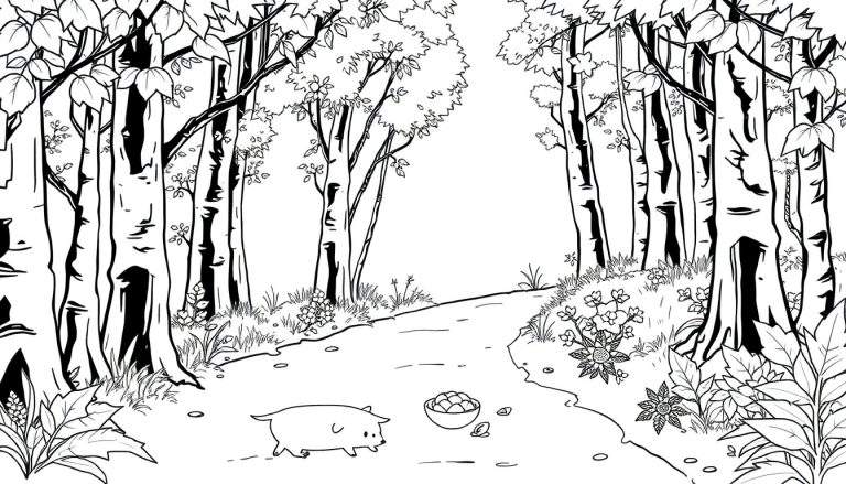 Un petit cochon cherche à manger dans un bol dans un dessin au trait d'une forêt.