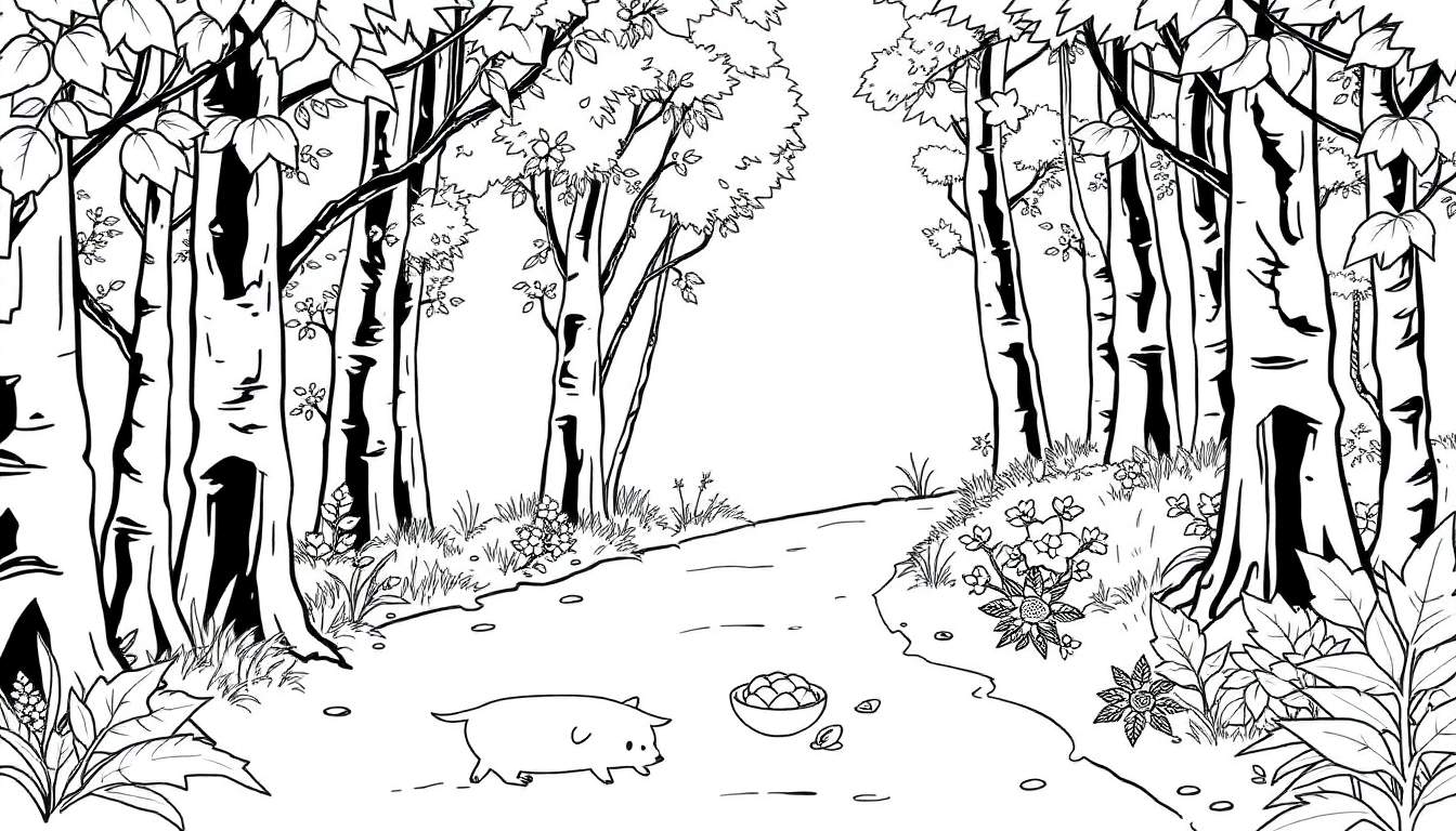 Un petit cochon cherche à manger dans un bol dans un dessin au trait d'une forêt.