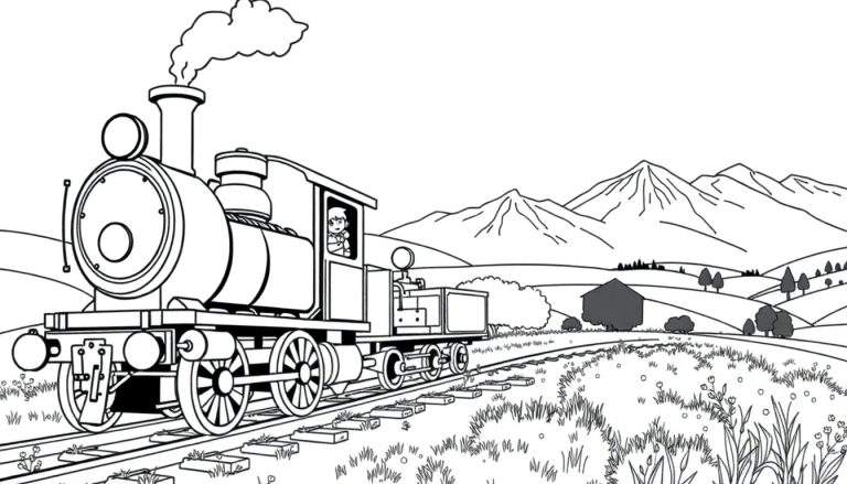 Un train à vapeur dessiné au trait, se dirigeant vers la gauche, avec un conducteur dans la cabine, de la fumée sortant de la cheminée et traversant un paysage de collines avec un bâtiment.