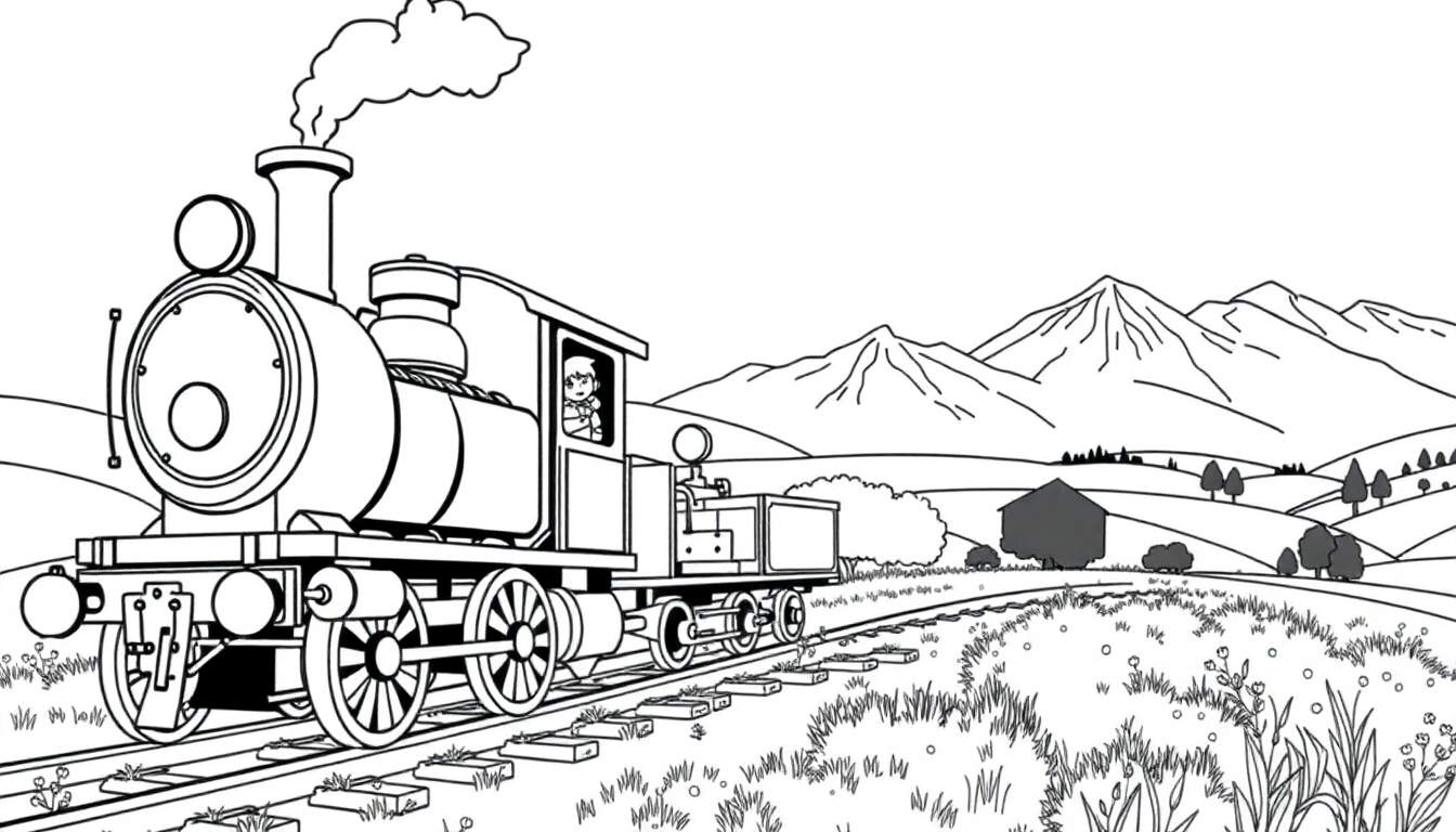 Un train à vapeur dessiné au trait, se dirigeant vers la gauche, avec un conducteur dans la cabine, de la fumée sortant de la cheminée et traversant un paysage de collines avec un bâtiment.