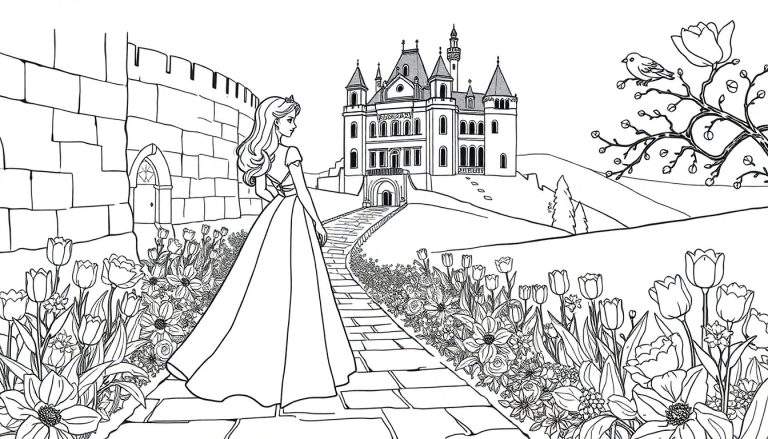 Princesse se dirigeant vers un château, entourée de fleurs et d'un arbre avec un oiseau, dessin en noir et blanc pour coloriage.