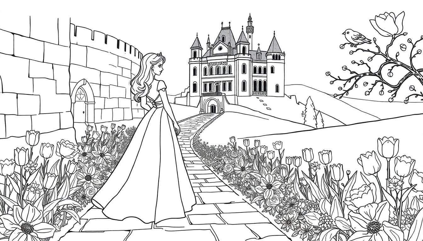 Princesse se dirigeant vers un château, entourée de fleurs et d'un arbre avec un oiseau, dessin en noir et blanc pour coloriage.