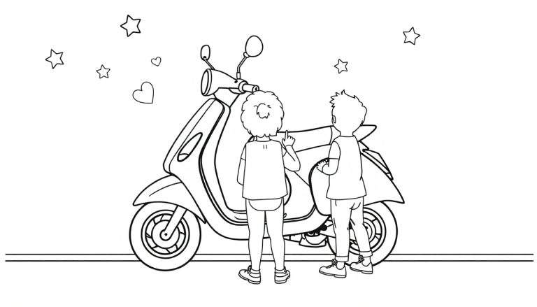 Deux enfants regardent un scooter rouge vif dans un dessin au trait, avec des étoiles et des cœurs flottant au-dessus, color panel.