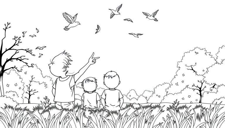 Un dessin au trait d'enfants regardant des oiseaux dans un paysage.