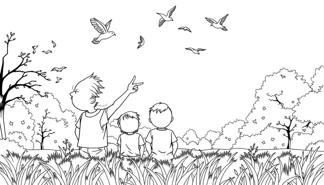 Un dessin au trait d'enfants regardant des oiseaux dans un paysage.