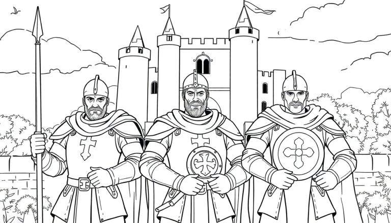 Illustration en noir et blanc de trois chevaliers en armure devant un château.