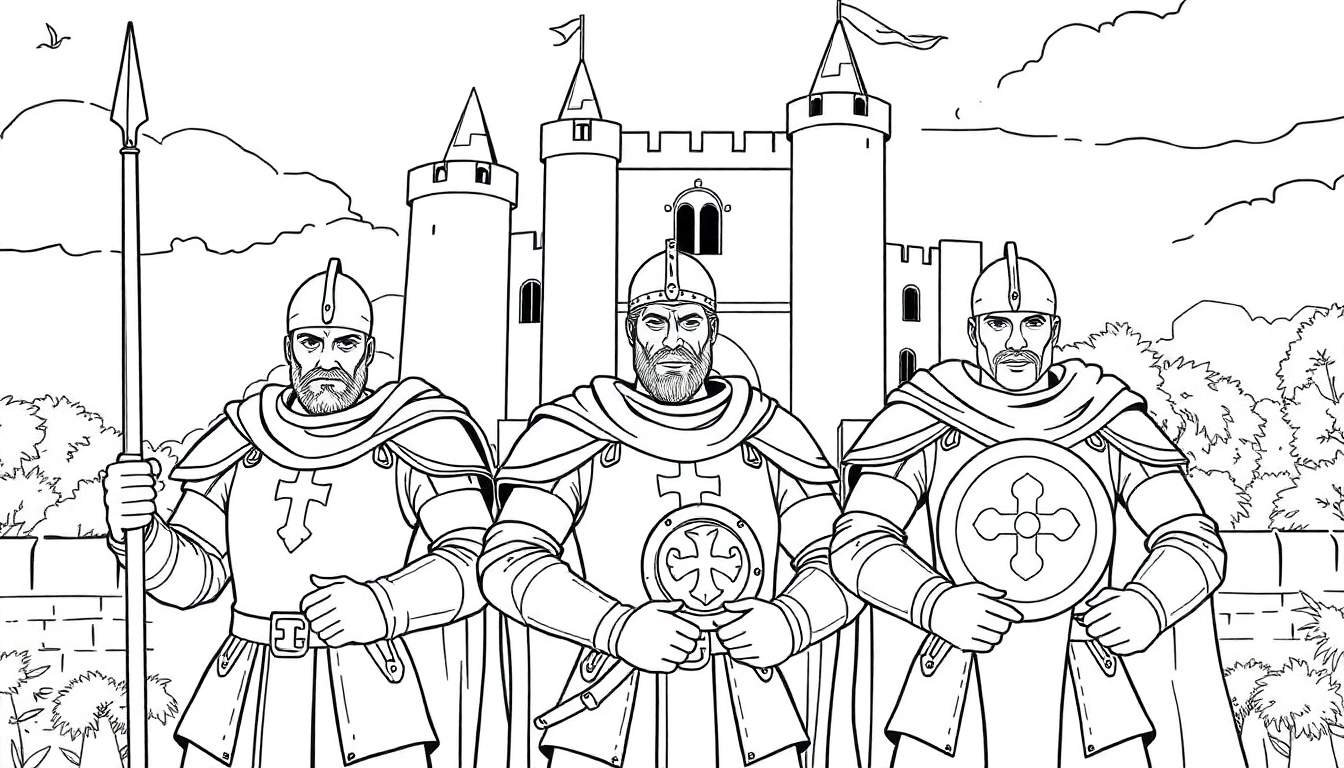 Illustration en noir et blanc de trois chevaliers en armure devant un château.