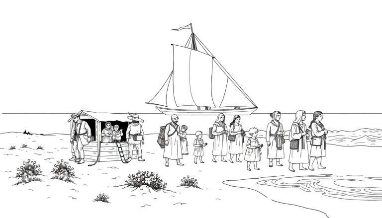Dessin au trait d'une famille de pionniers arrivant sur une plage avec un bateau à voile en arrière-plan, une petite cabane sur la gauche.