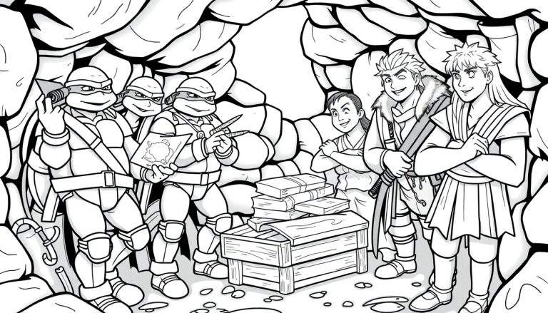 Un color panel de Tortues Ninja dans leur repaire, entourées de livres et de personnages plus âgés.