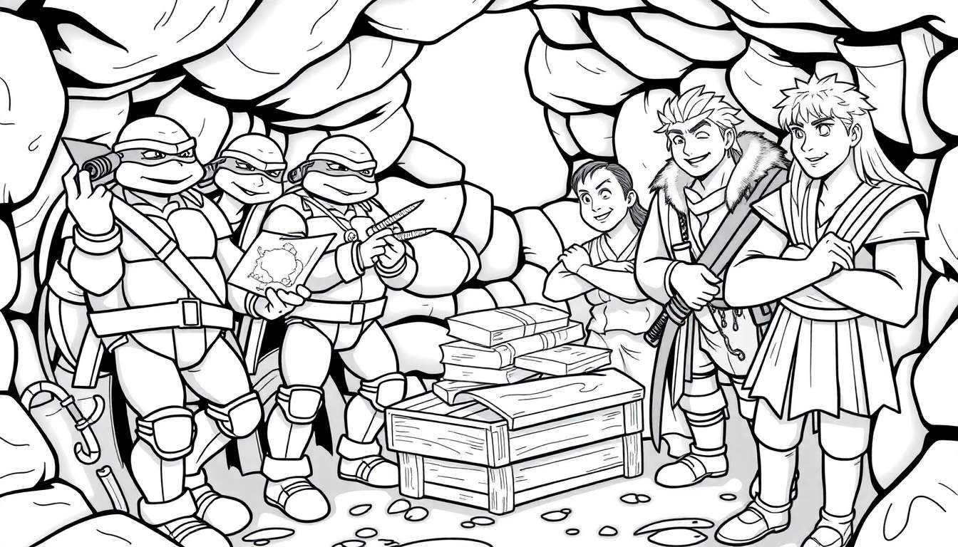 Un color panel de Tortues Ninja dans leur repaire, entourées de livres et de personnages plus âgés.