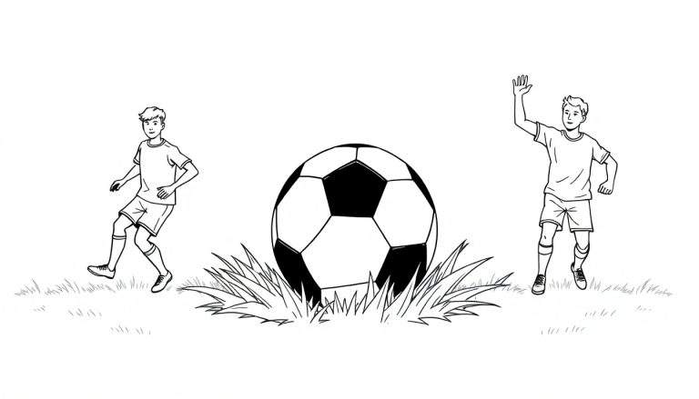Deux enfants jouant au football avec un ballon à panneaux colorés.