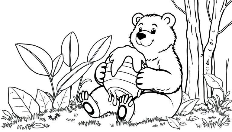 Un ours assis avec un pot de miel et un color panel.