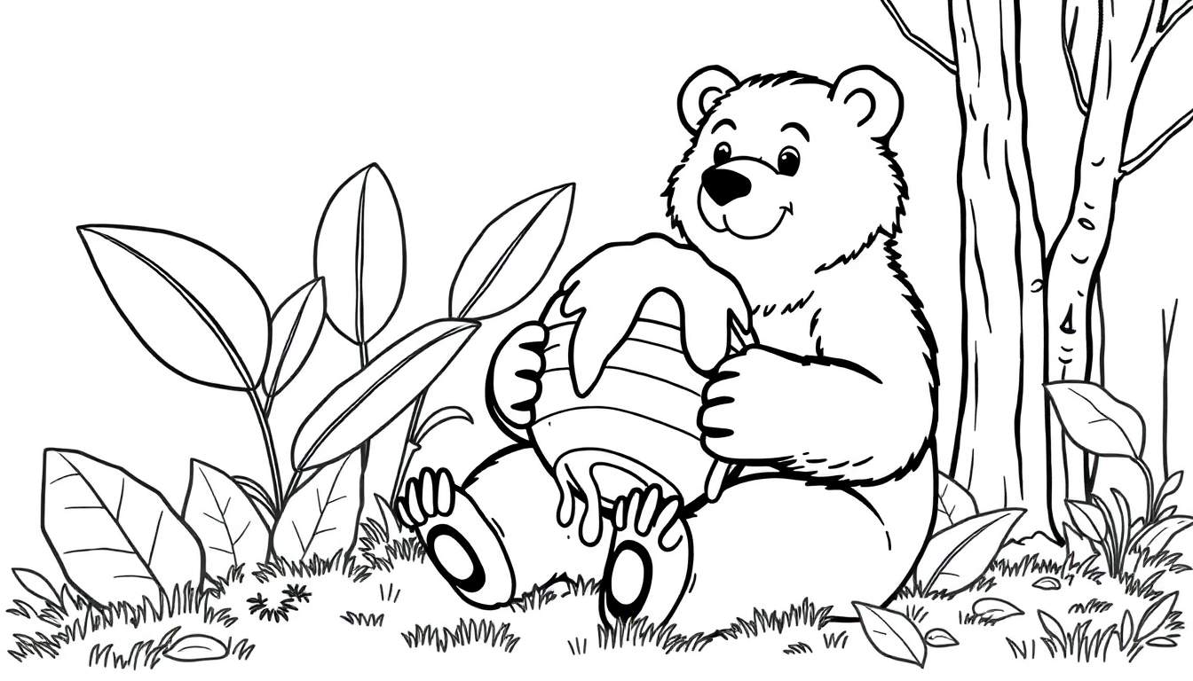 Un ours assis avec un pot de miel et un color panel.