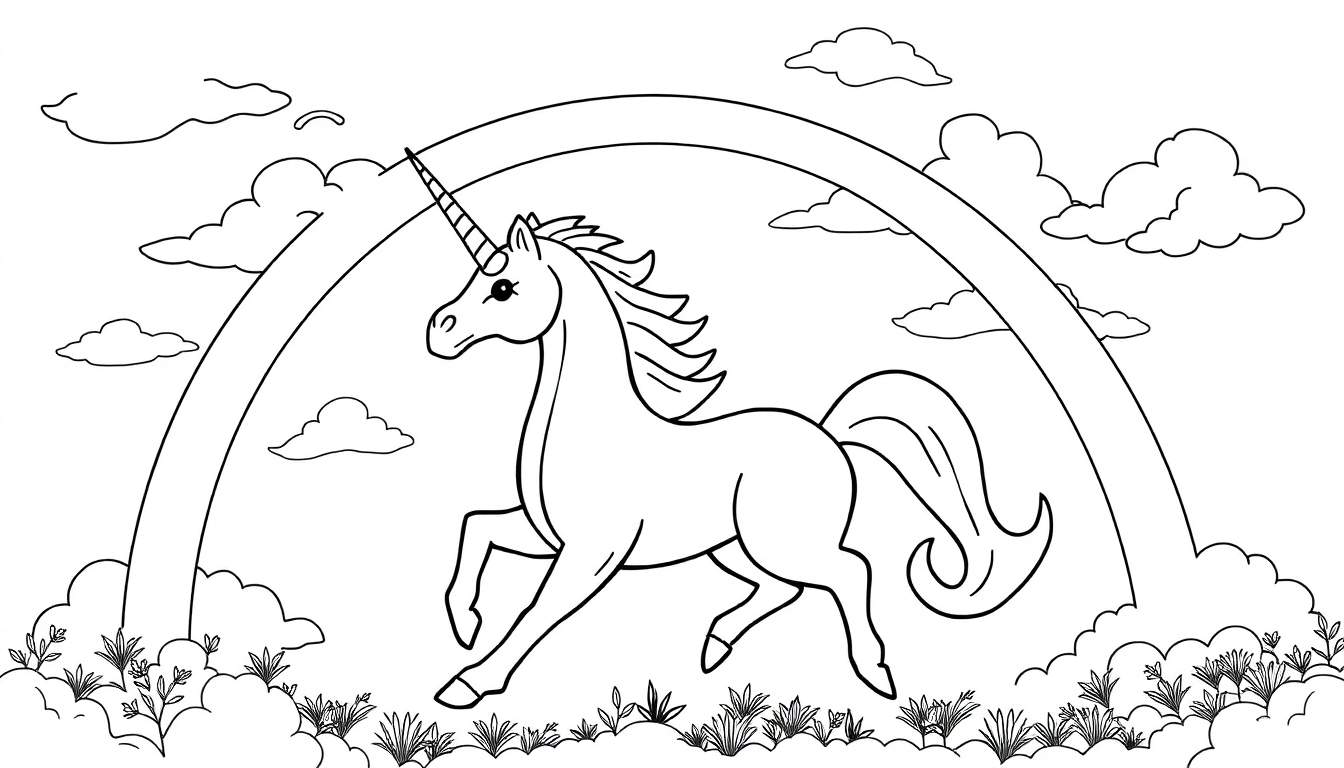 Dessin au trait d'une licorne courant sous un arc-en-ciel, style livre de coloriage, invitant à la coloration.