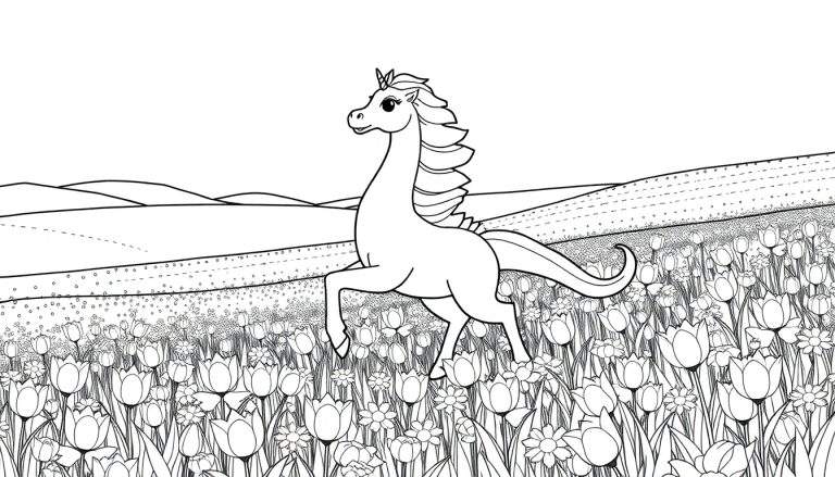 Page à colorier d'une licorne dans un champ de fleurs avec des lignes claires pour le color panel.