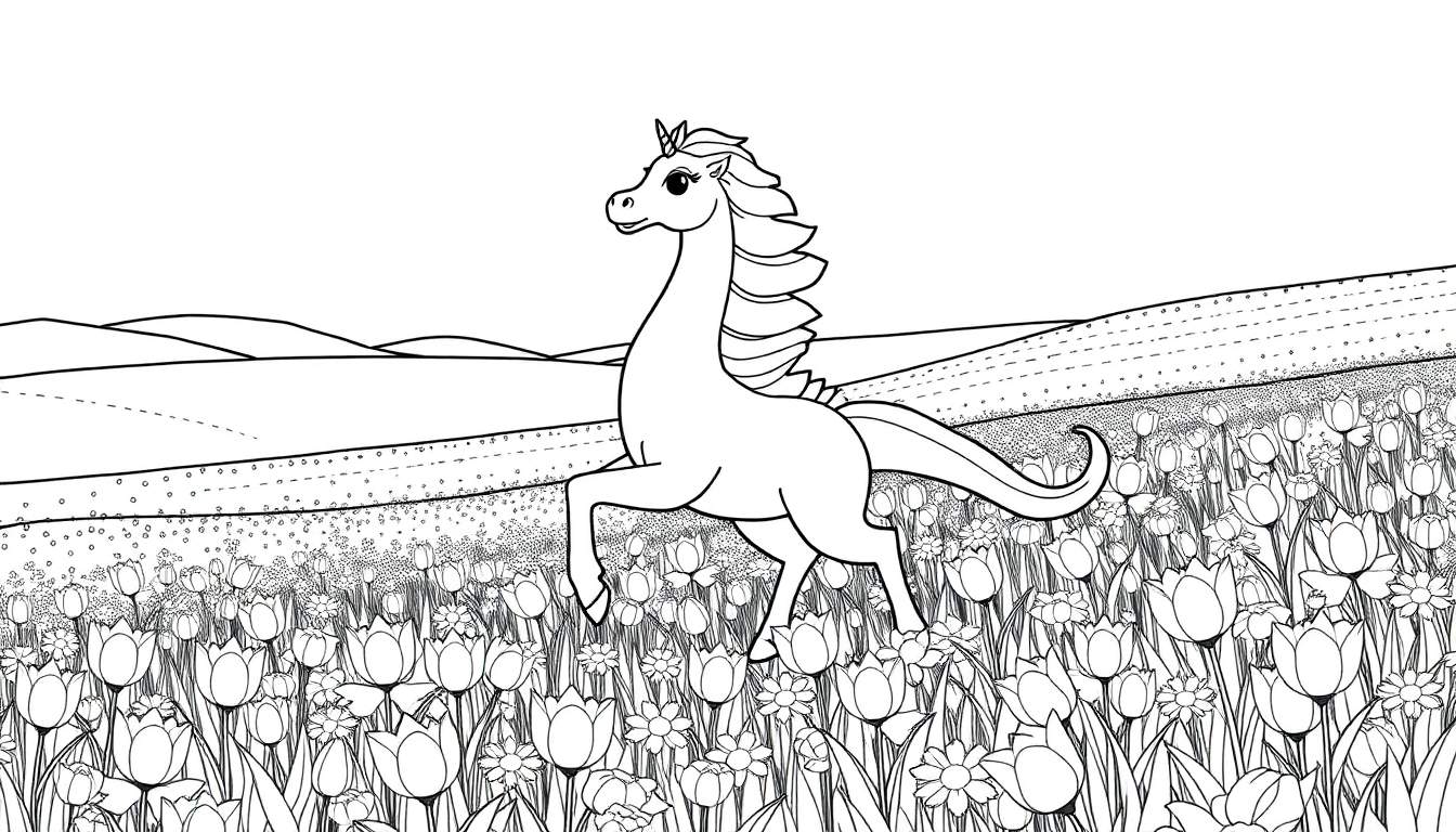 Page à colorier d'une licorne dans un champ de fleurs avec des lignes claires pour le color panel.