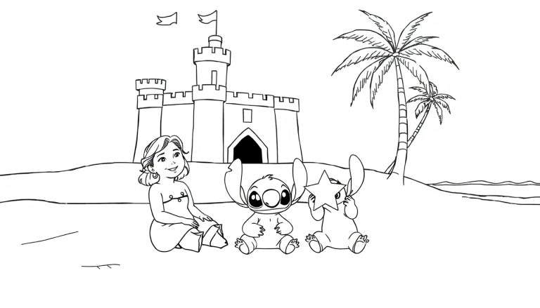Un dessin au trait d'une plage avec Lilo, Stitch et un château de sable.