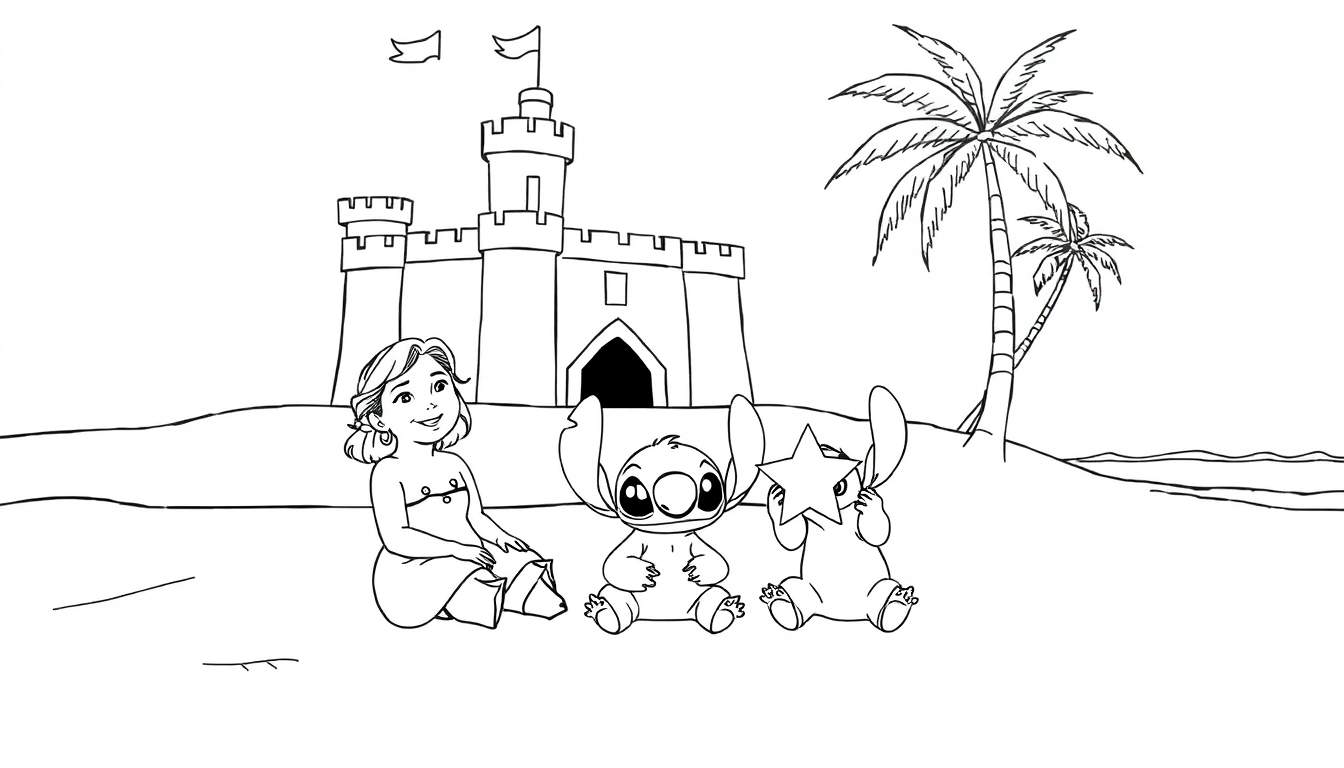 Un dessin au trait d'une plage avec Lilo, Stitch et un château de sable.