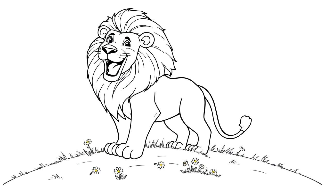 Lion souriant sur une colline, prêt à être colorié dans un panneau de coloriage.